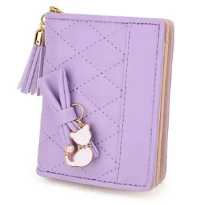 UTO Women PU Leather Small Wallet Cat Pendant Card Phone Holder Zipper Coin Purse Zoey Light Purple