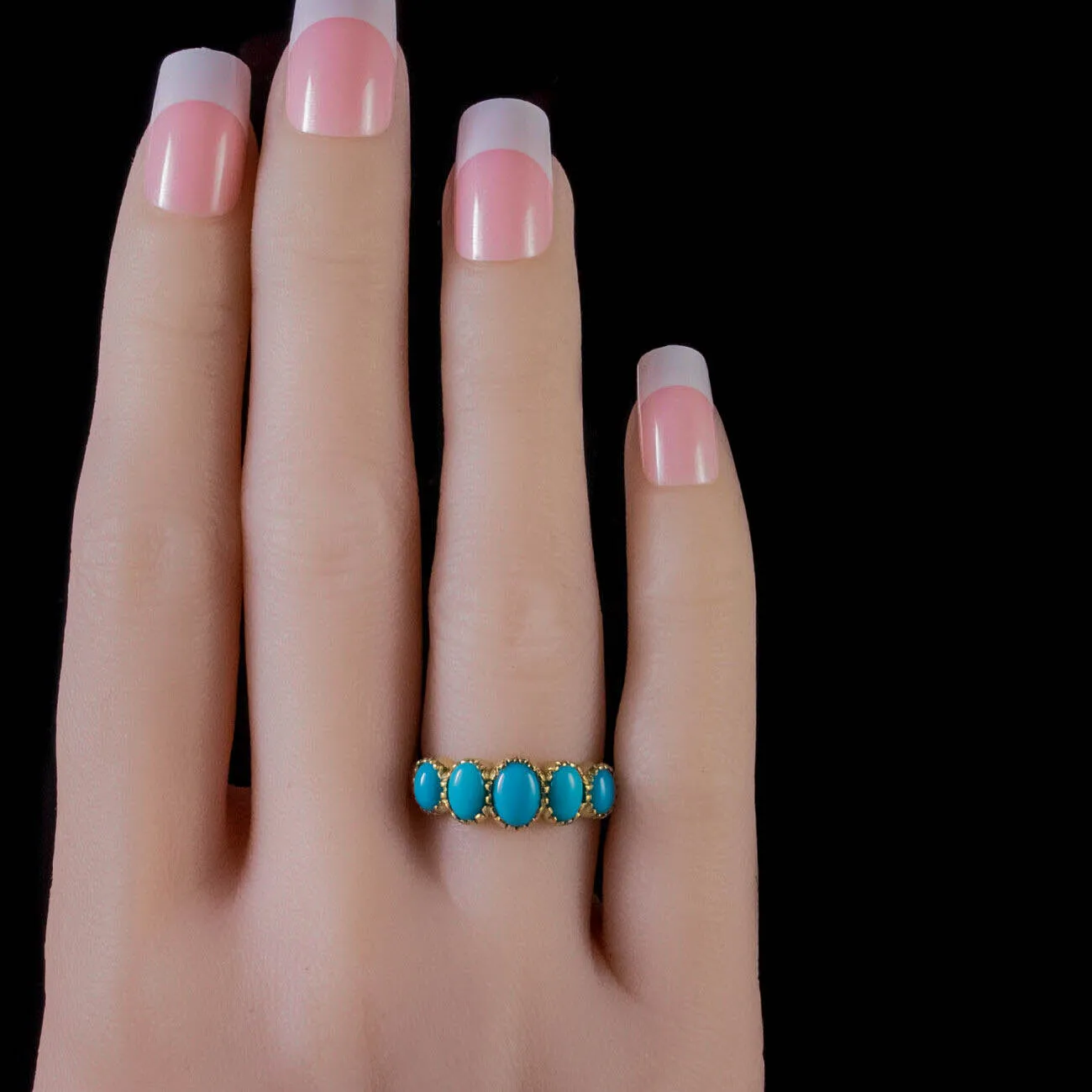 Victorian Style Five Stone Turquoise Ring Silver 18Ct Gold Gilt