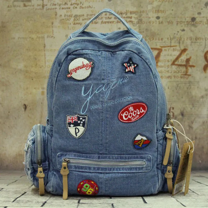 Vintage Blue Denim Womens Backpack Bag School Backpack With Stickers Vintage Denim Backpack For Women