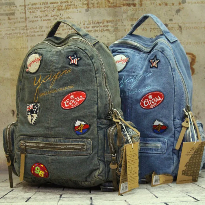 Vintage Blue Denim Womens Backpack Bag School Backpack With Stickers Vintage Denim Backpack For Women