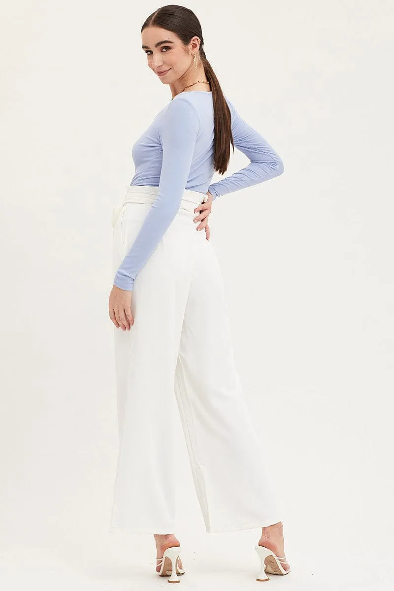 White Paper Bag Pants Wide Leg