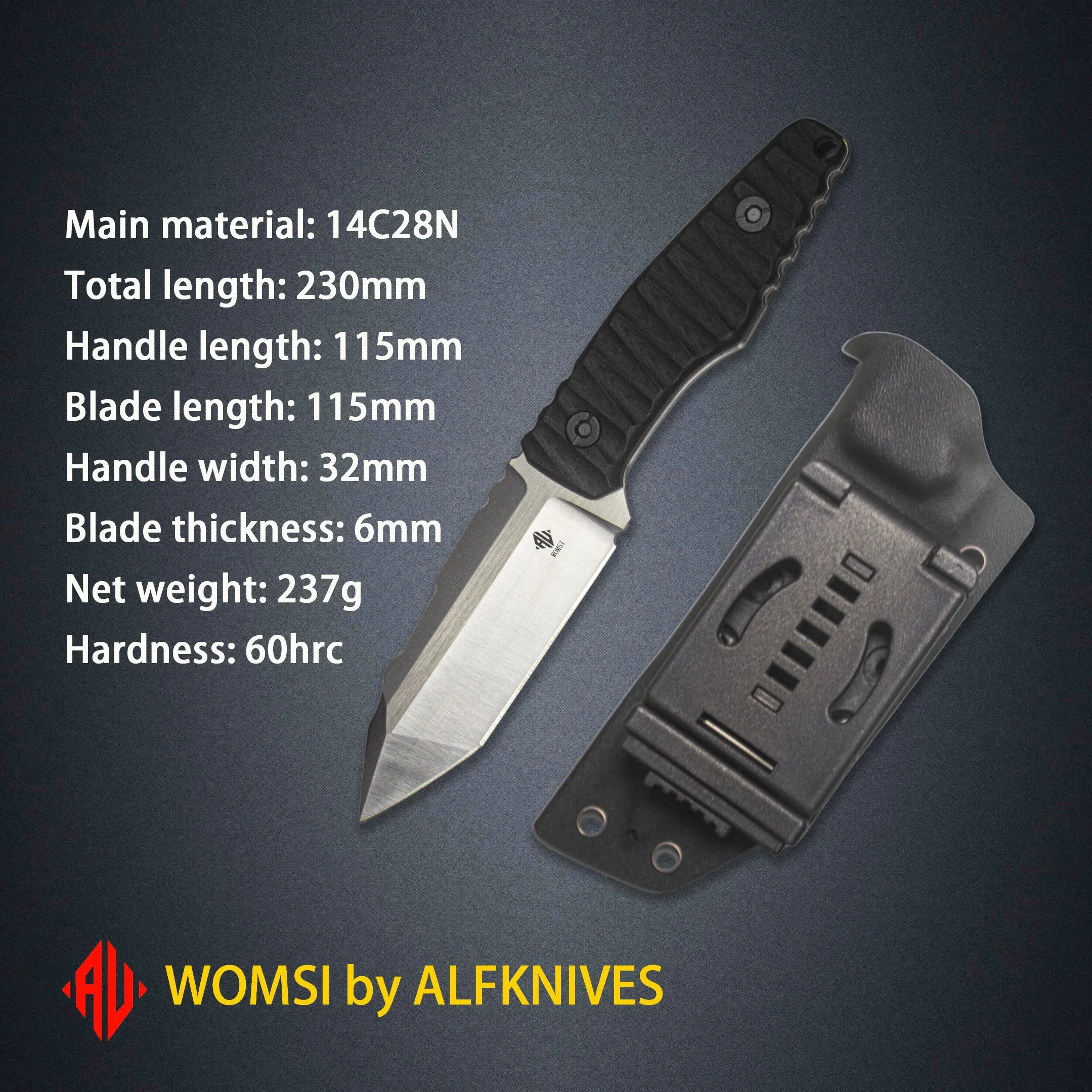 WOMSI BOCK Pocket HUNTING KNIFE,ALFKNIVES Survival Camping Tactical,Full tang 7” Stainless Steel Hunting Knife with Kydex Sheath