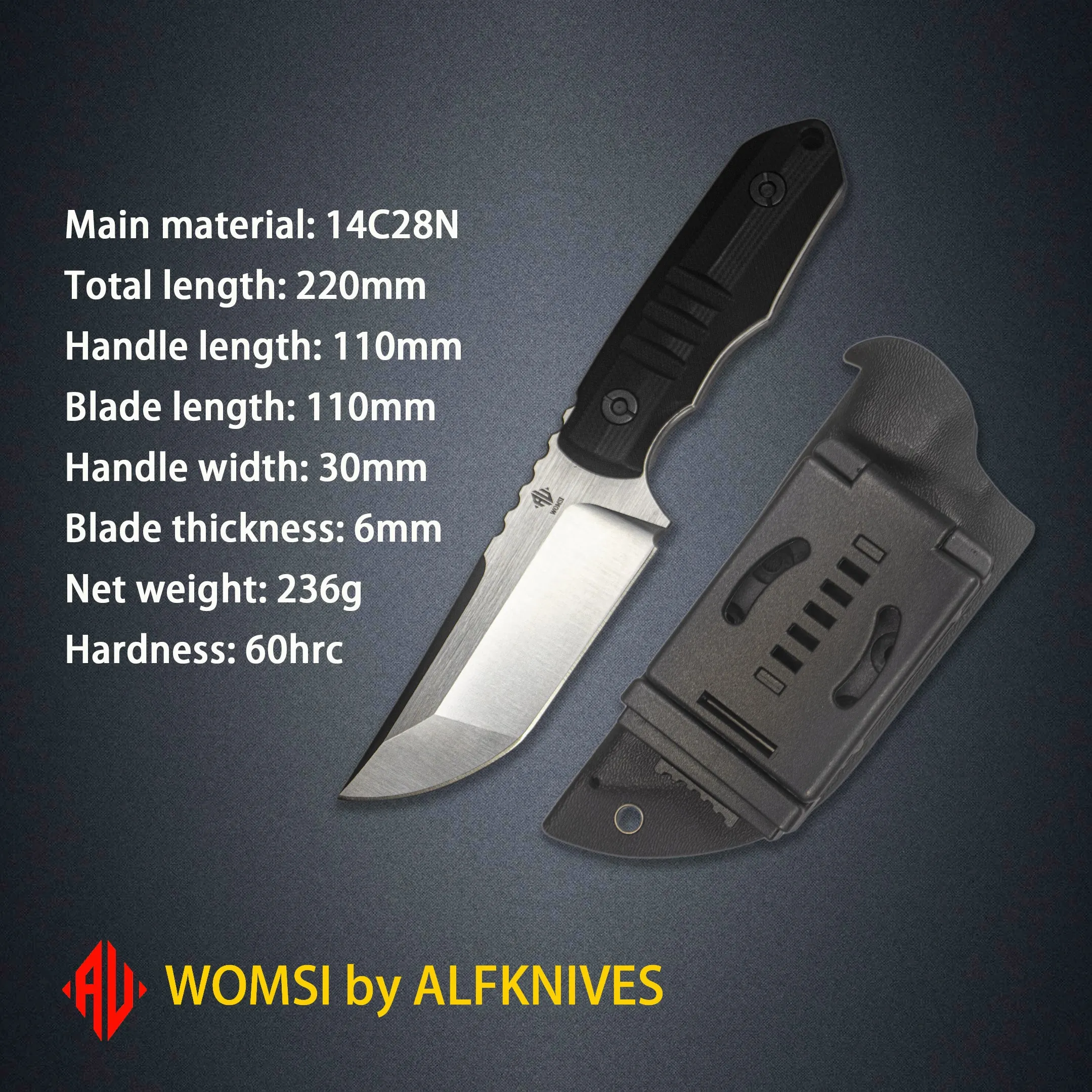 WOMSI SEAL TANK Pocket HUNTING KNIFE,ALFKNIVES Survival Camping Tactical,Full tang 7” Stainless Steel Hunting Knife with Kydex Sheath