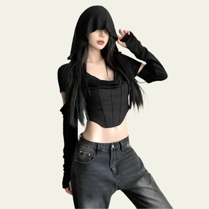 Y2k Hooded Crop Tops Cut Out Long Sleeve Tees Streetwear Sexy T Shirt Korean Style Trending Clothes for Women P71-DZ18