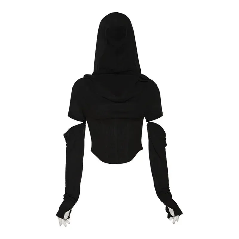 Y2k Hooded Crop Tops Cut Out Long Sleeve Tees Streetwear Sexy T Shirt Korean Style Trending Clothes for Women P71-DZ18