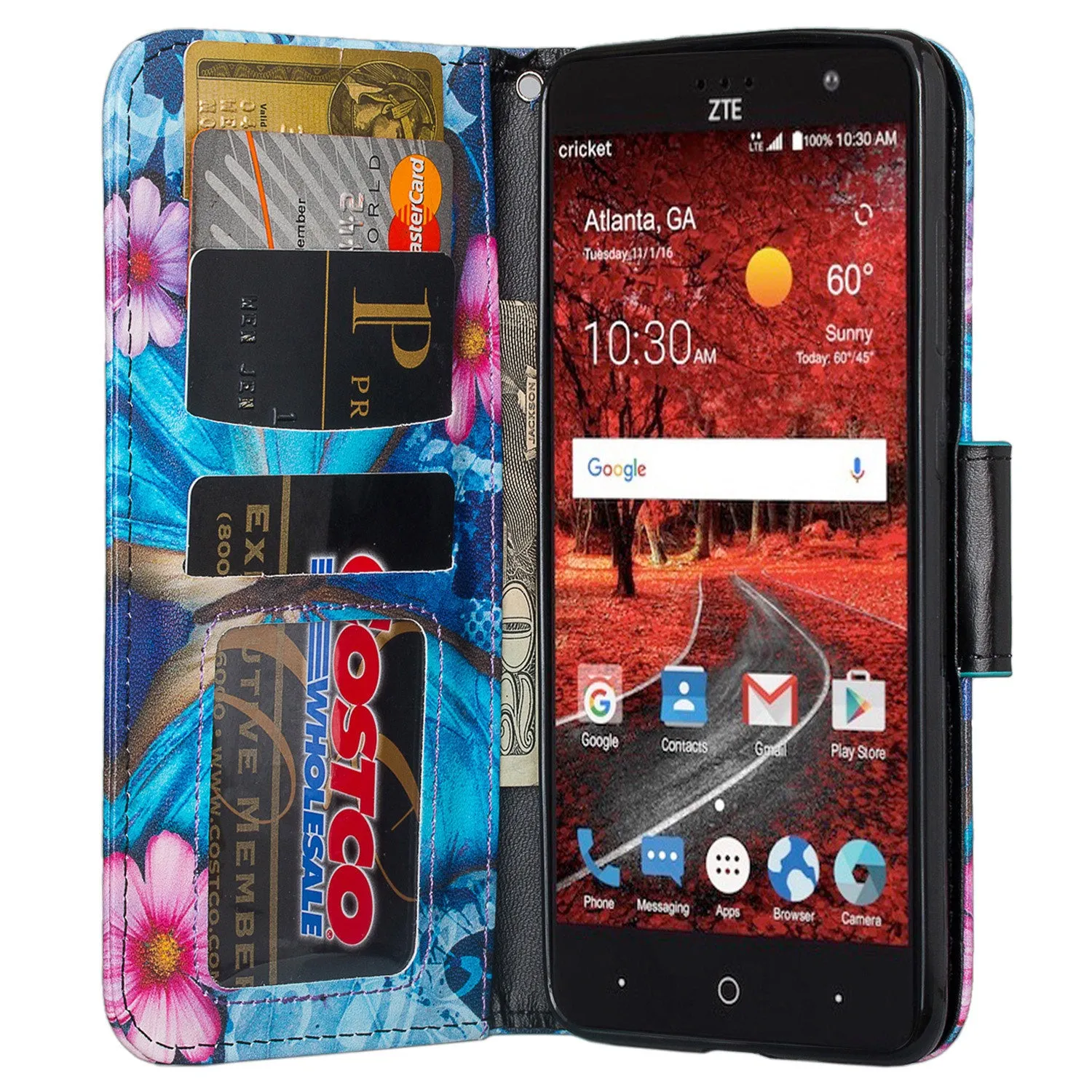 ZTE Blade Spark Z971, ZTE ZMAX One, ZTE Grand X4, X 4 Case, Wrist Strap Pu Leather Magnetic Flip [Kickstand] Wallet Cover with Slots - Midnight Butterflies