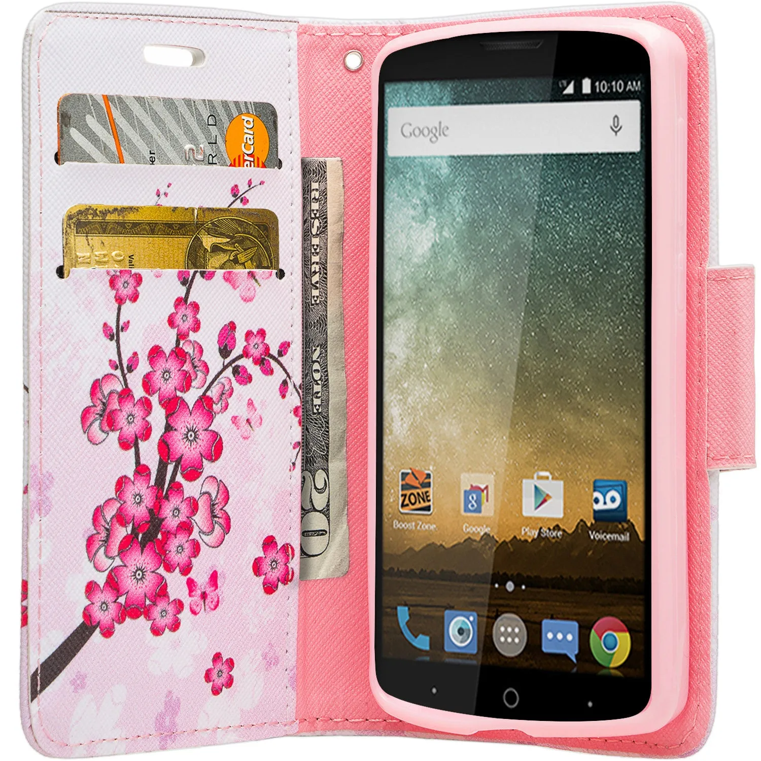 ZTE Ultra Case | ZTE Quest | ZTE Uhura Case, Wrist Strap Magnetic Flip Fold[Kickstand] Pu Leather Wallet Case with ID & Credit Card Slots for ZTE Ultra/Quest/Uhura - Cherry Blossom