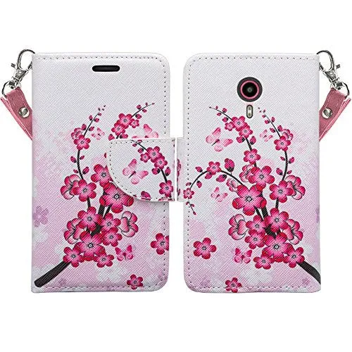 ZTE Ultra Case | ZTE Quest | ZTE Uhura Case, Wrist Strap Magnetic Flip Fold[Kickstand] Pu Leather Wallet Case with ID & Credit Card Slots for ZTE Ultra/Quest/Uhura - Cherry Blossom