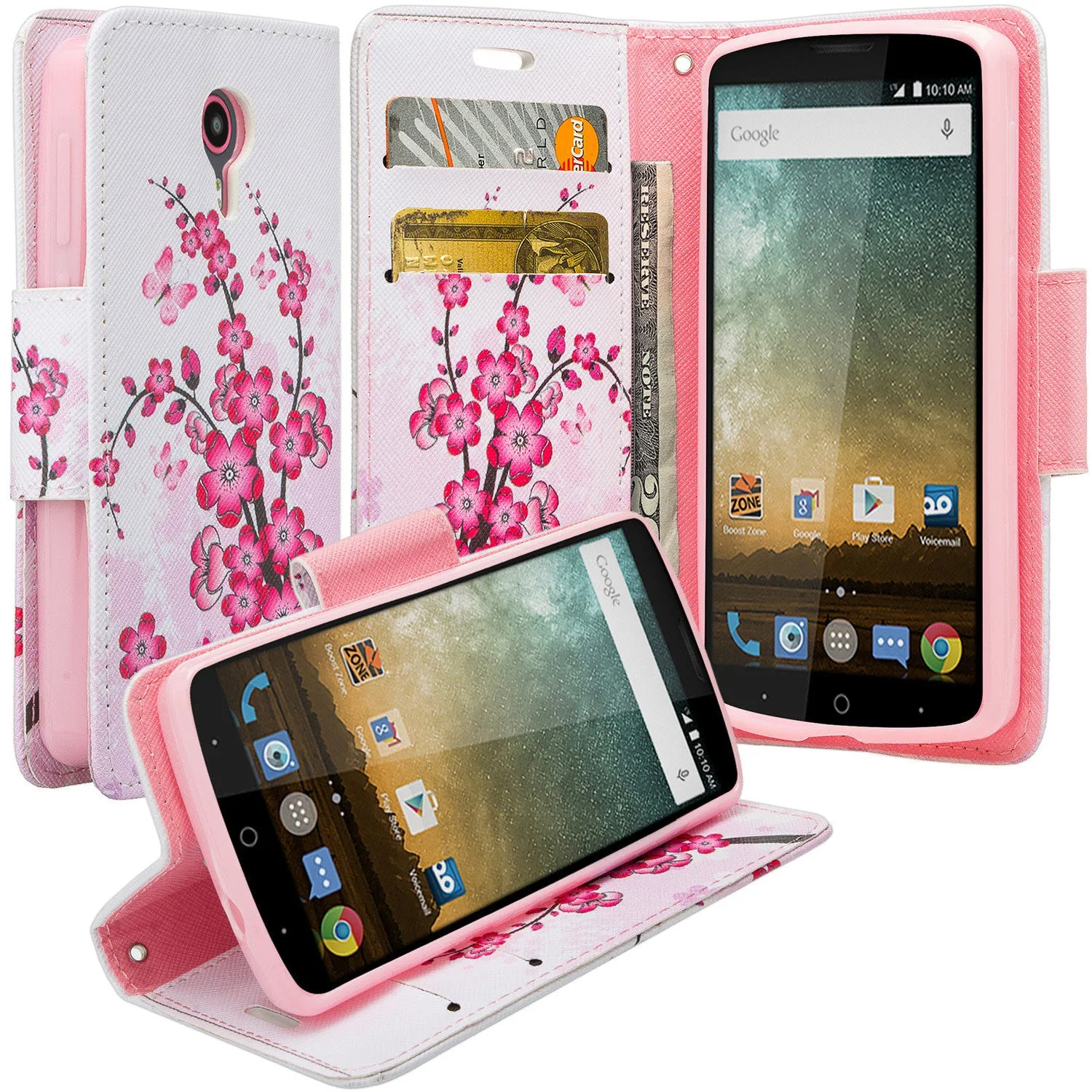 ZTE Ultra Case | ZTE Quest | ZTE Uhura Case, Wrist Strap Magnetic Flip Fold[Kickstand] Pu Leather Wallet Case with ID & Credit Card Slots for ZTE Ultra/Quest/Uhura - Cherry Blossom